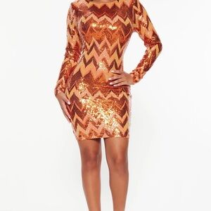 Sequin Zigzag Pattern Dress in Orange and Gold